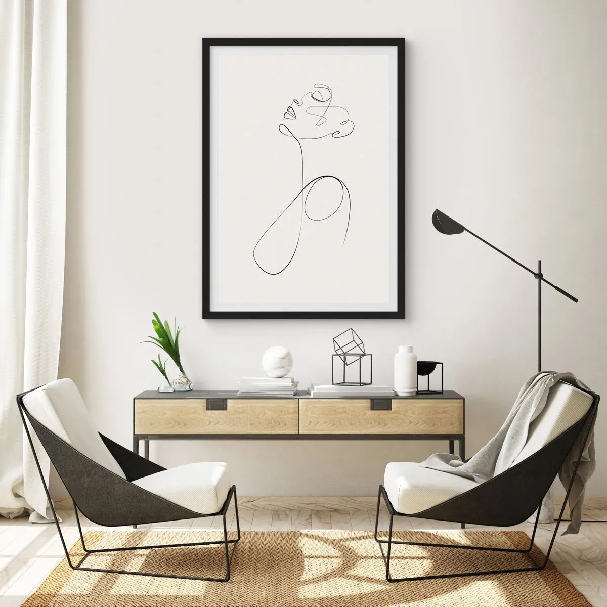 Poster in black frame - A minimalist line creating a woman's silhouette - 50x70cm - Entangled in Dreams - Modern wall decoration for the living room and bedroom ARTTOR