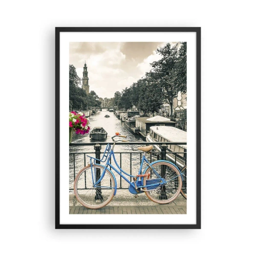 Poster in black frame - A blue bicycle against the backdrop of a canal in Amsterdam - 50x70cm - Colour of a Street in Amsterdam - Modern wall decoration for the living room and bedroom ARTTOR