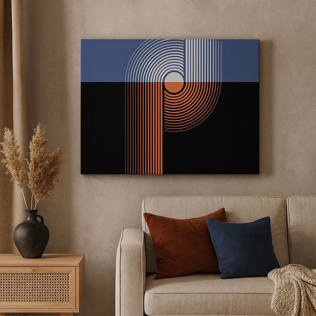 Canvas picture - Geometric abstraction with lines in navy blue and orange. - 70x50cm - In a Geometrical Embrace - Modern wall decoration for the living room and bedroom ARTTOR