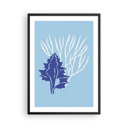 Poster in black frame - Nautical graphic of shells and coral on a blue background - 50x70cm - Leaf Forms - Modern wall decoration for the living room and bedroom ARTTOR