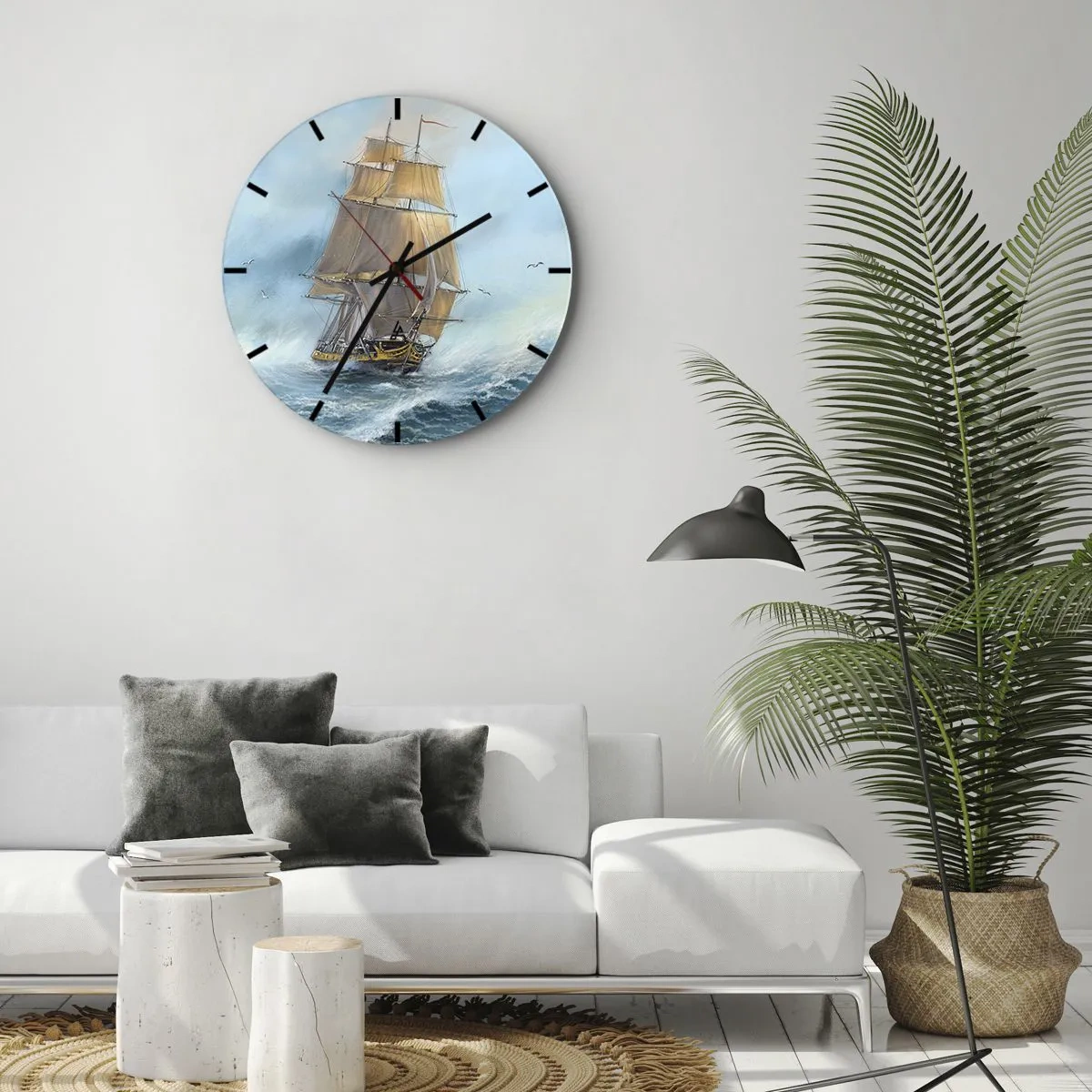 Wall clock - Clock on glass - A sailing ship in a stormy sea in a dynamic setting - 30x30cm - Gliding on the Waves - Modern wall decoration for the living room, kitchen, and bedroom ARTTOR
