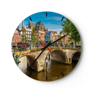 Wall clock - Clock on glass - A picturesque bridge over the canal surrounded by buildings and bicycles - 30x30cm - Spring over the Canal - Modern wall decoration for the living room, kitchen, and bedroom ARTTOR