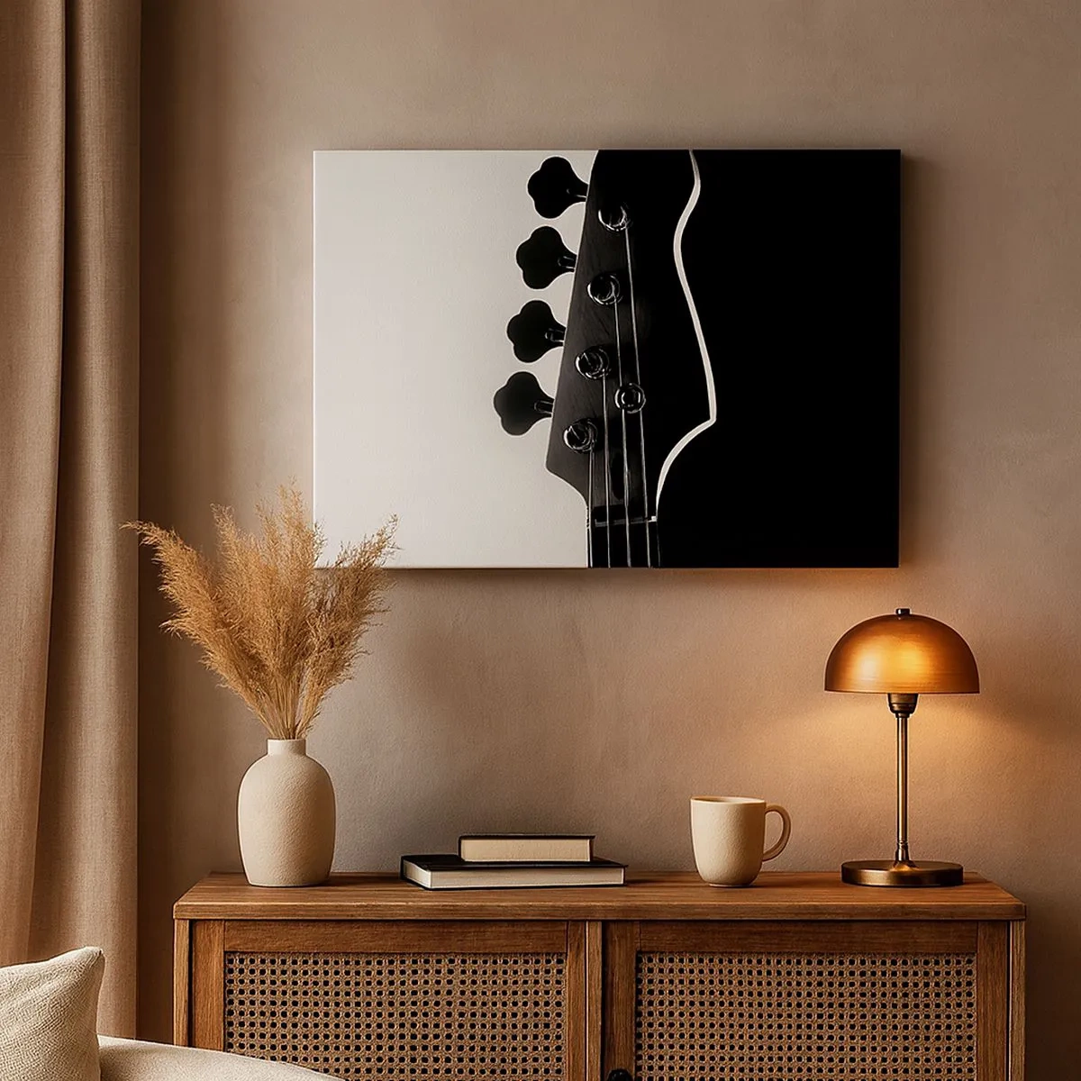 Canvas picture - Black and white silhouette of a bass guitar headstock - 70x50cm - Rock Silence - Modern wall decoration for the living room and bedroom ARTTOR
