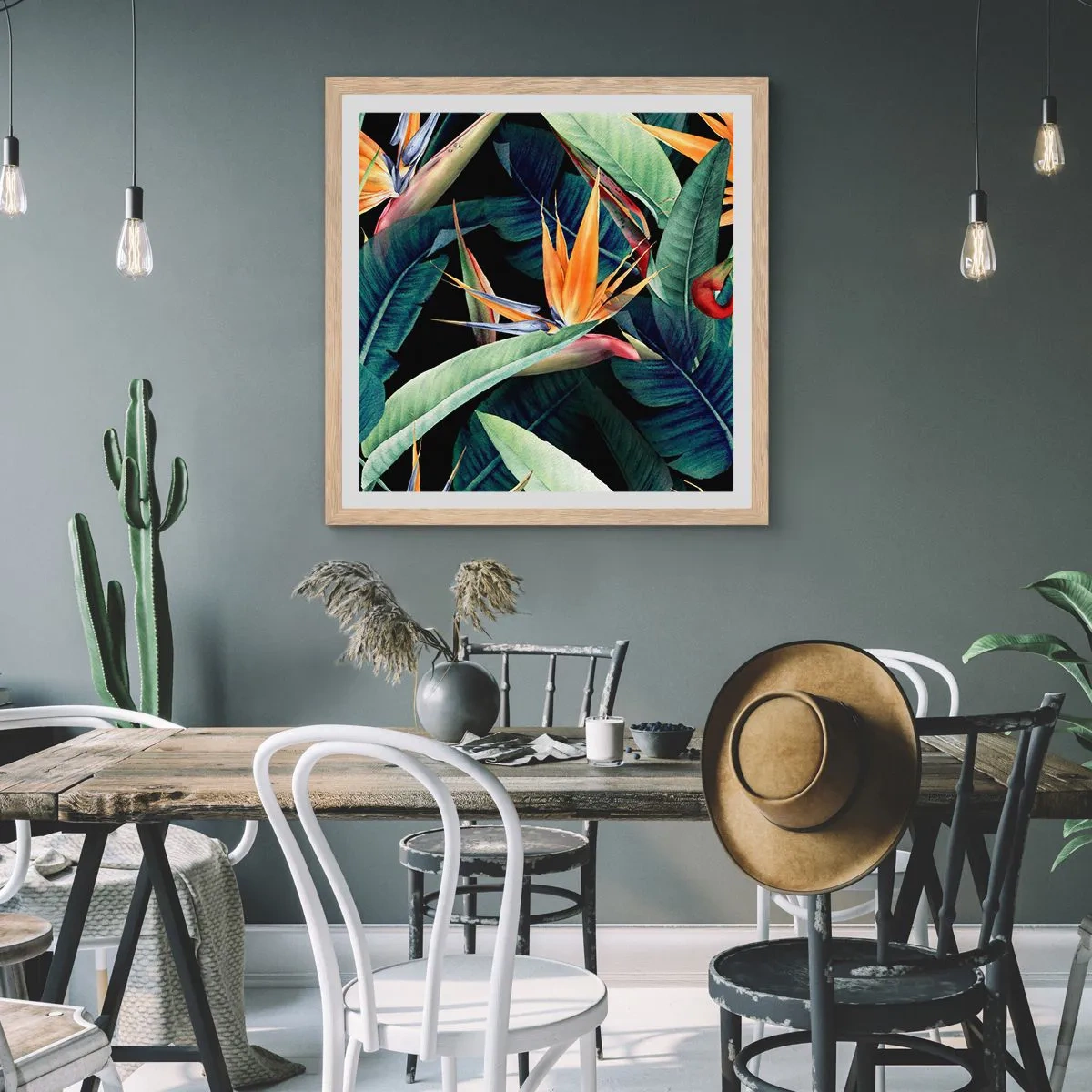 Poster in light oak frame - Flaming Flowers of the Tropics - 40x40 cm