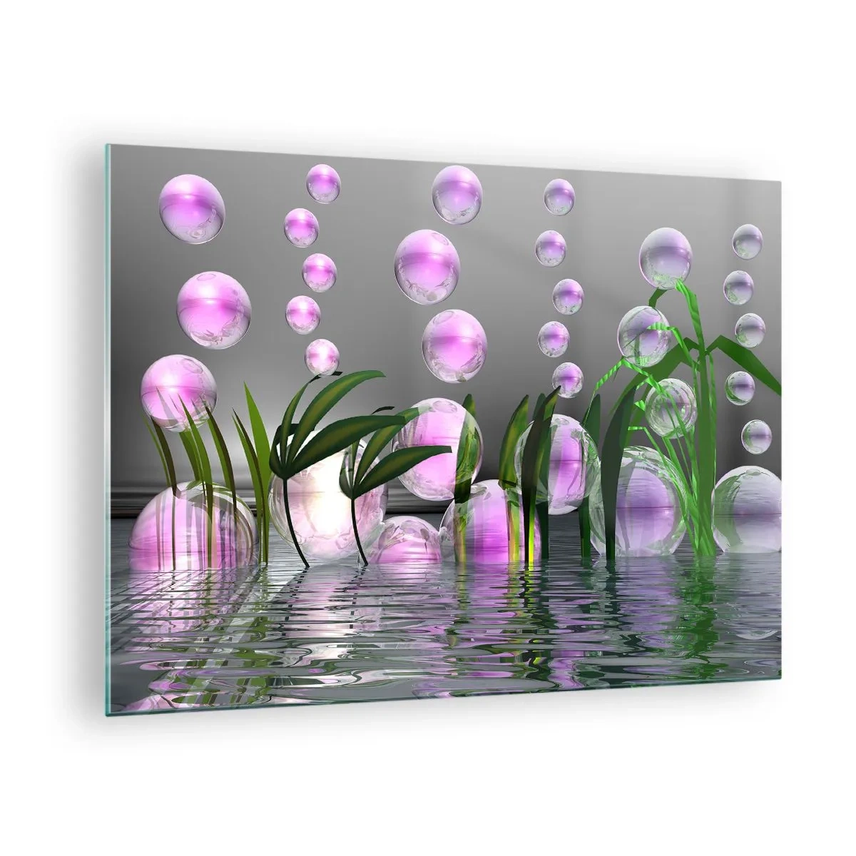 Glass picture - Purple bubbles floating above water with plants - 70x50cm - Reflexive Composition of Lightness and Life - Modern wall decoration for the living room and bedroom ARTTOR