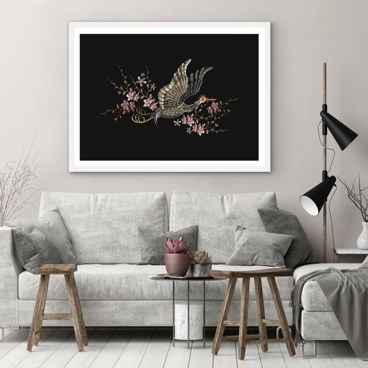 Poster in white frmae - Exotic, Embroidered Bird - 70x50 cm