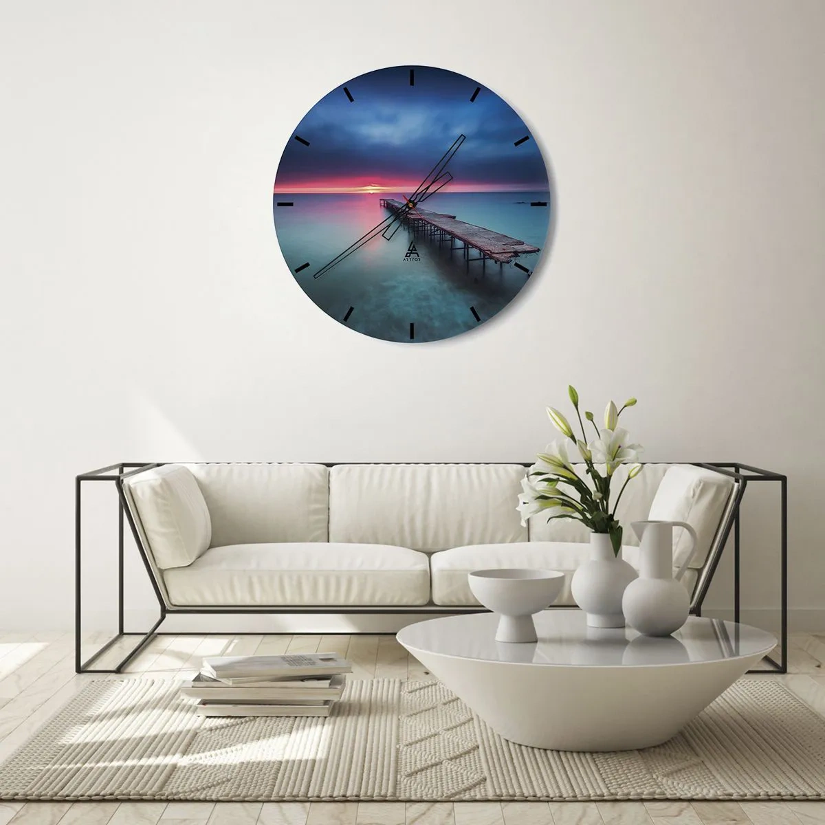Wall clock - Clock on glass - A wooden jetty over a calm sea at dusk - 30x30cm - Between Heaven and Earth - Modern wall decoration for the living room, kitchen, and bedroom ARTTOR