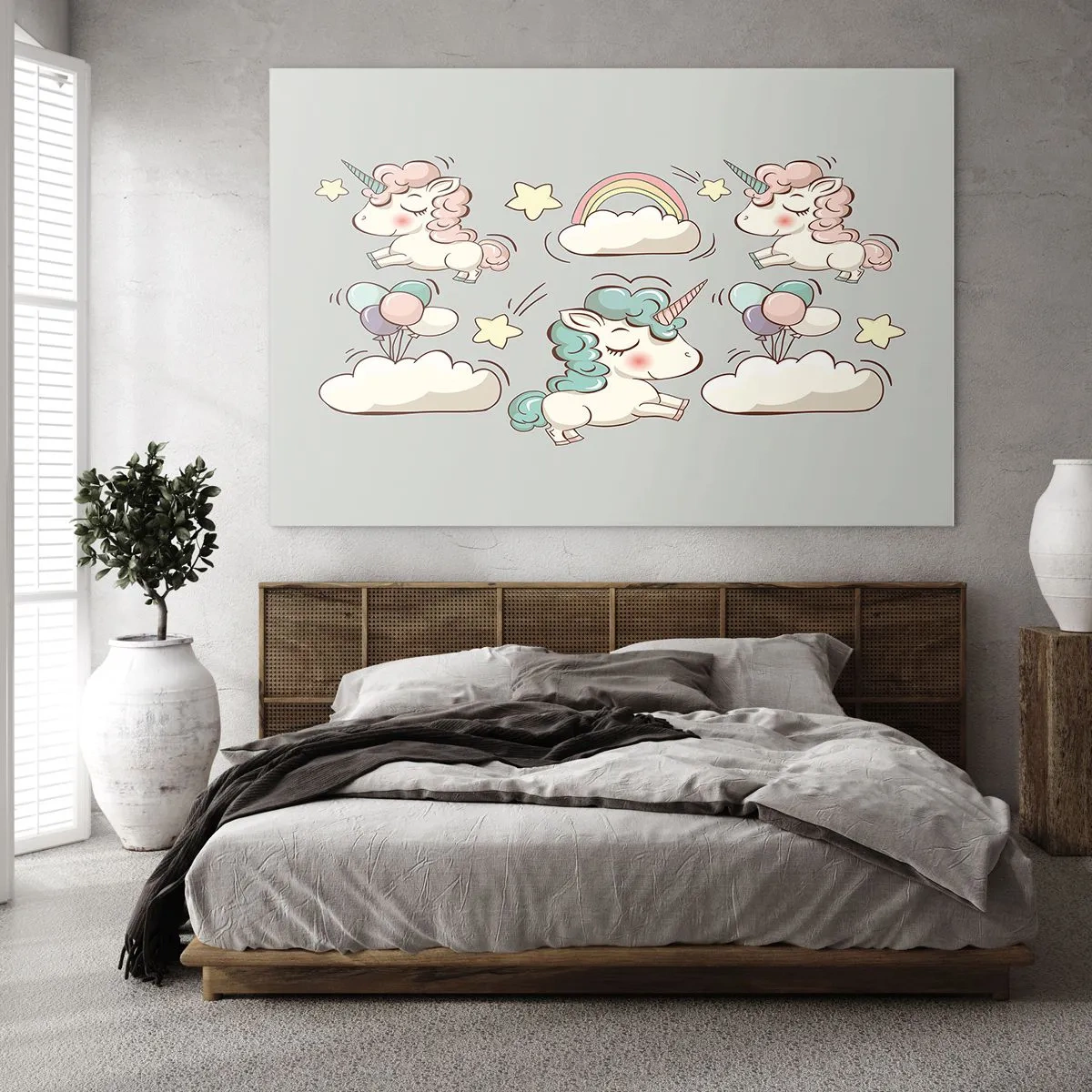 Glass picture - Cute unicorns in the clouds with a rainbow and balloons - 70x50cm - For Sure They Exist… - Modern wall decoration for the living room and bedroom ARTTOR