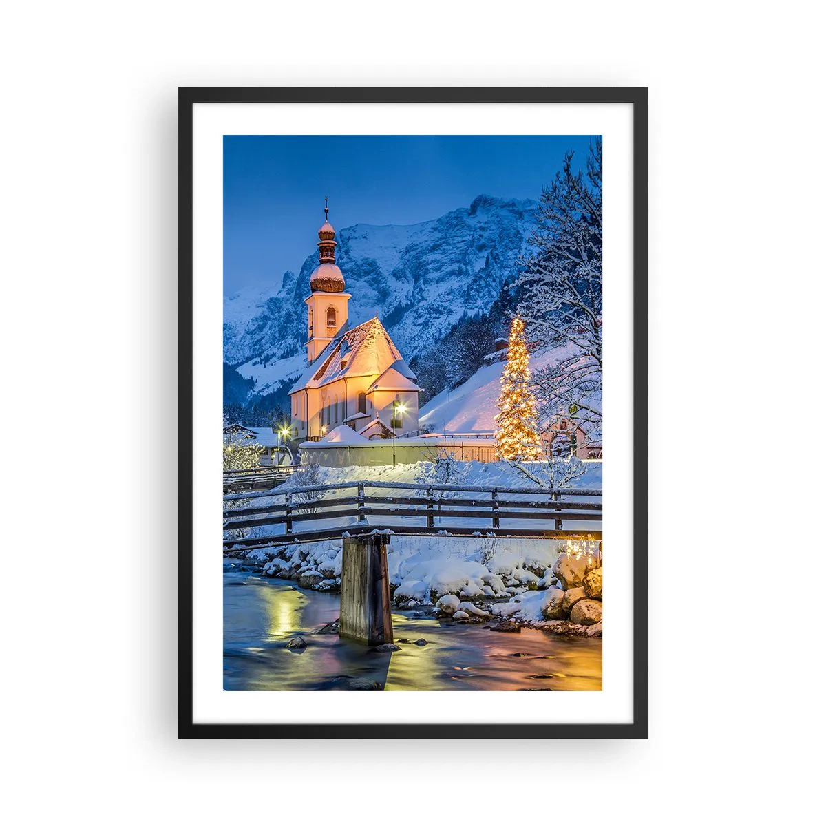 Poster in black frame - A church in a winter setting with a Christmas tree and holiday lights - 50x70cm - Spirit of Christmas - Modern wall decoration for the living room and bedroom ARTTOR