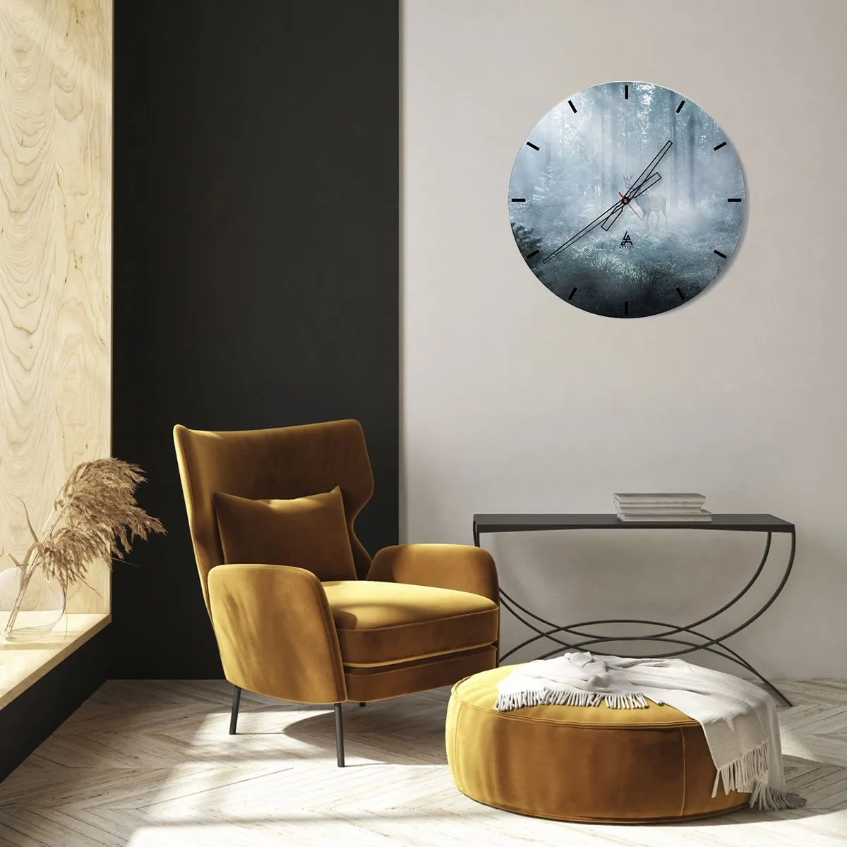 Wall clock - Clock on glass - A deer standing in the fog amidst a tall forest grove - 30x30cm - Morning Round of the Estate - Modern wall decoration for the living room, kitchen, and bedroom ARTTOR