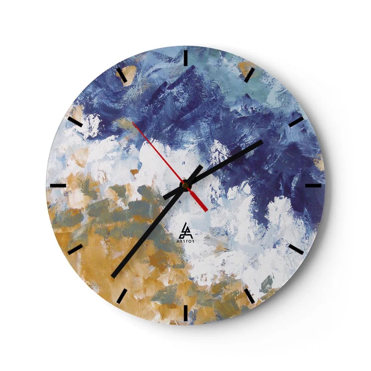 Wall clock - Clock on glass - Expressive abstraction in shades of blue, white and ochre - 30x30cm - The Dance of Elements - Modern wall decoration for the living room, kitchen, and bedroom ARTTOR