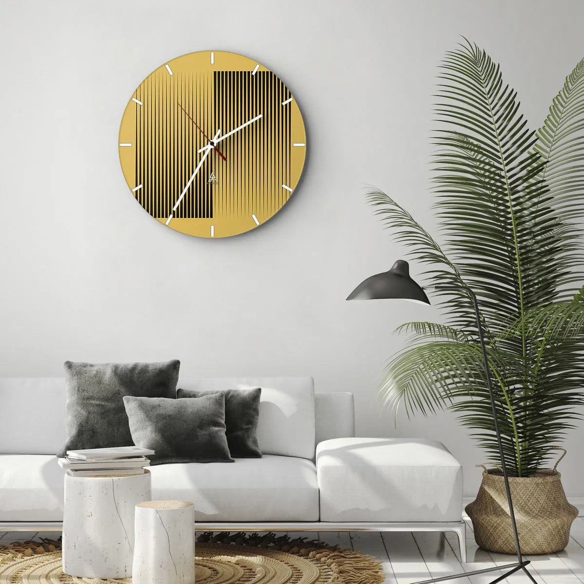 Wall clock - Clock on glass - Yellow background with black vertical lines creating a geometric effect - 30x30cm - Square Opposites - Modern wall decoration for the living room, kitchen, and bedroom ARTTOR