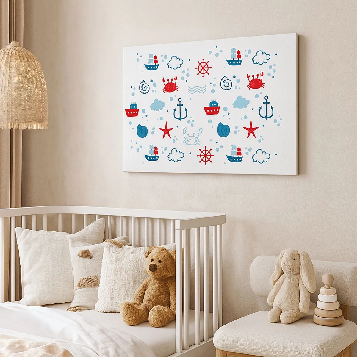 Canvas picture - Nautical pattern with anchors, ships and crabs - 70x50cm - Sea Tale - Modern wall decoration for the living room and bedroom ARTTOR