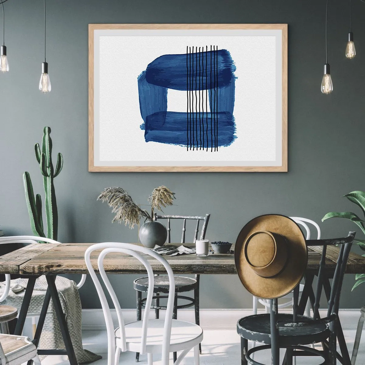 Poster in light oak frame - Blue and Black Composition - 50x40 cm