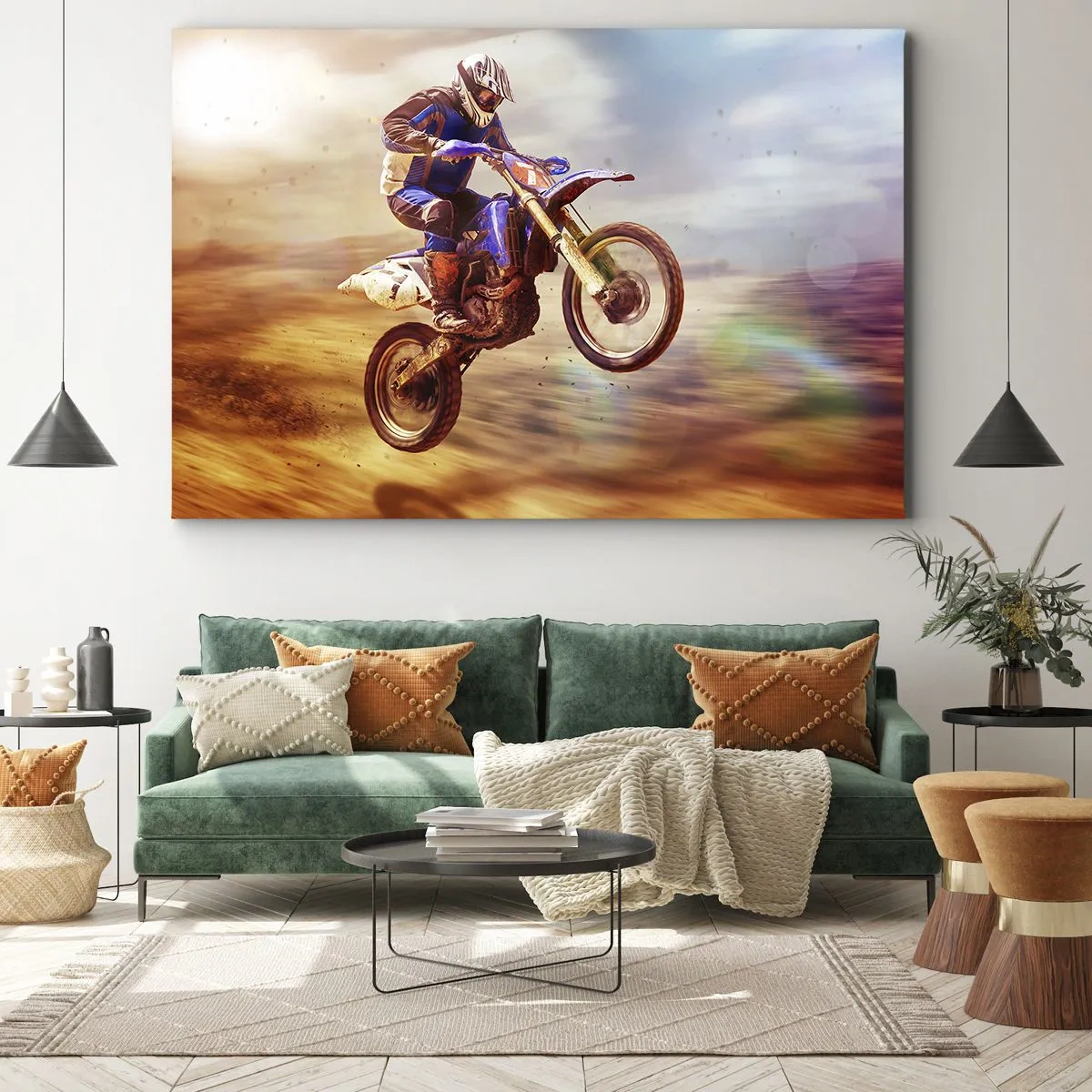Canvas picture - A motorcyclist in flight during a dynamic off-road ride - 70x50cm - Motorcycle Dizziness - Modern wall decoration for the living room and bedroom ARTTOR