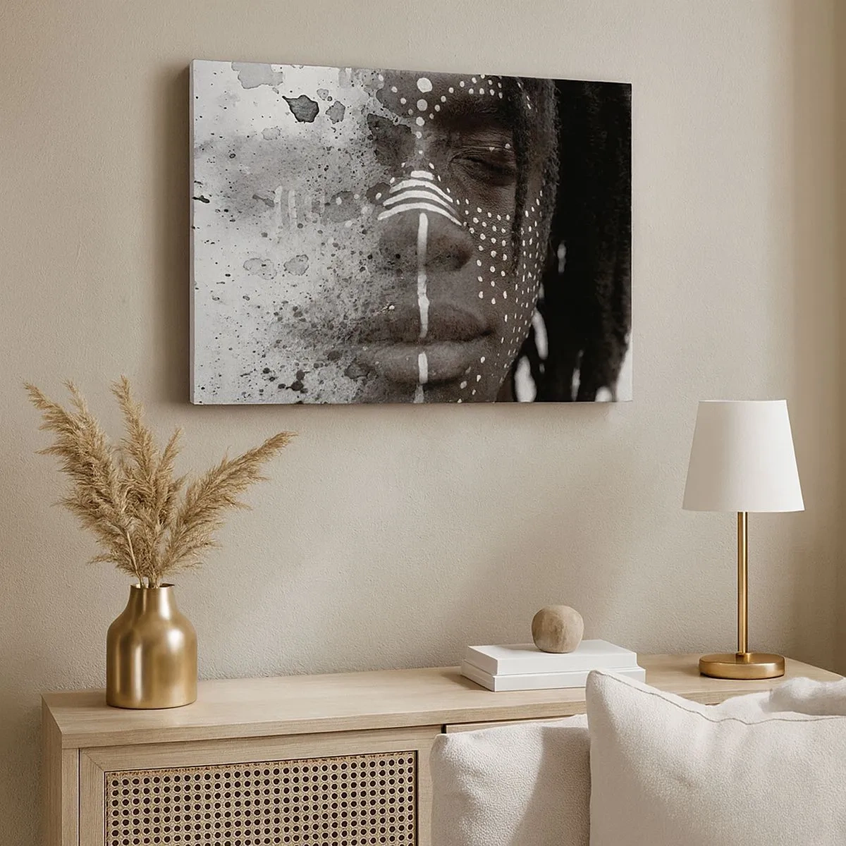 Canvas picture - Artistic face portrait with abstract white patterns - 70x50cm - Dsicover Primordial Spirit - Modern wall decoration for the living room and bedroom ARTTOR