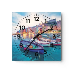 Wall clock - Clock on glass - Colourful Evening in a Port - 30x30 cm