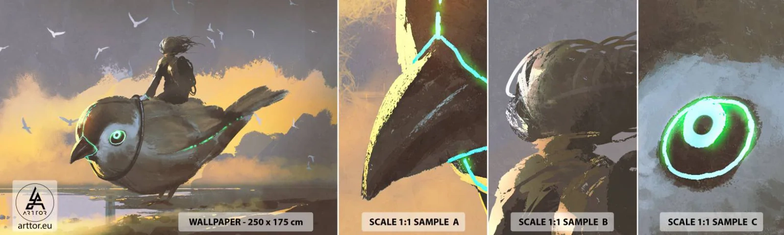 Photo Wallpaper Sample Standard Eco - Stop on a Fantastic Journey - Abstraction, Bird, Fantasy - 100x30 cm