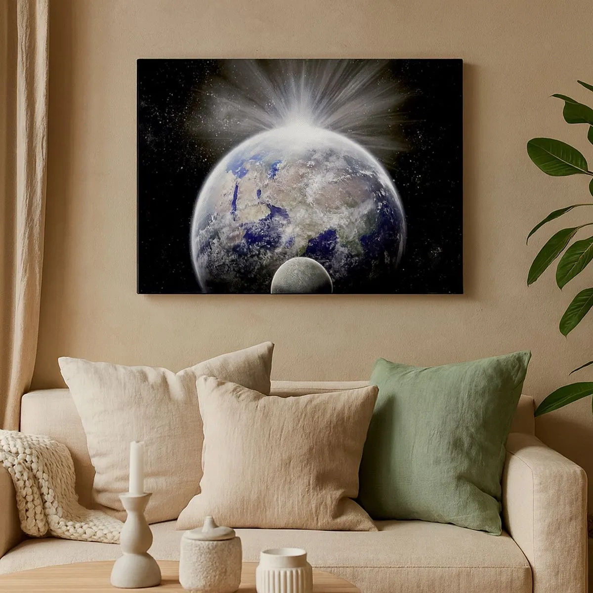 Canvas picture - Earth and Moon illuminated by the glow of space - 70x50cm - In Full Blaze - Modern wall decoration for the living room and bedroom ARTTOR