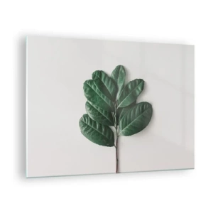 Glass picture - A branch with green leaves on a light background - 70x50cm - Drawing of Nature Itself - Modern wall decoration for the living room and bedroom ARTTOR