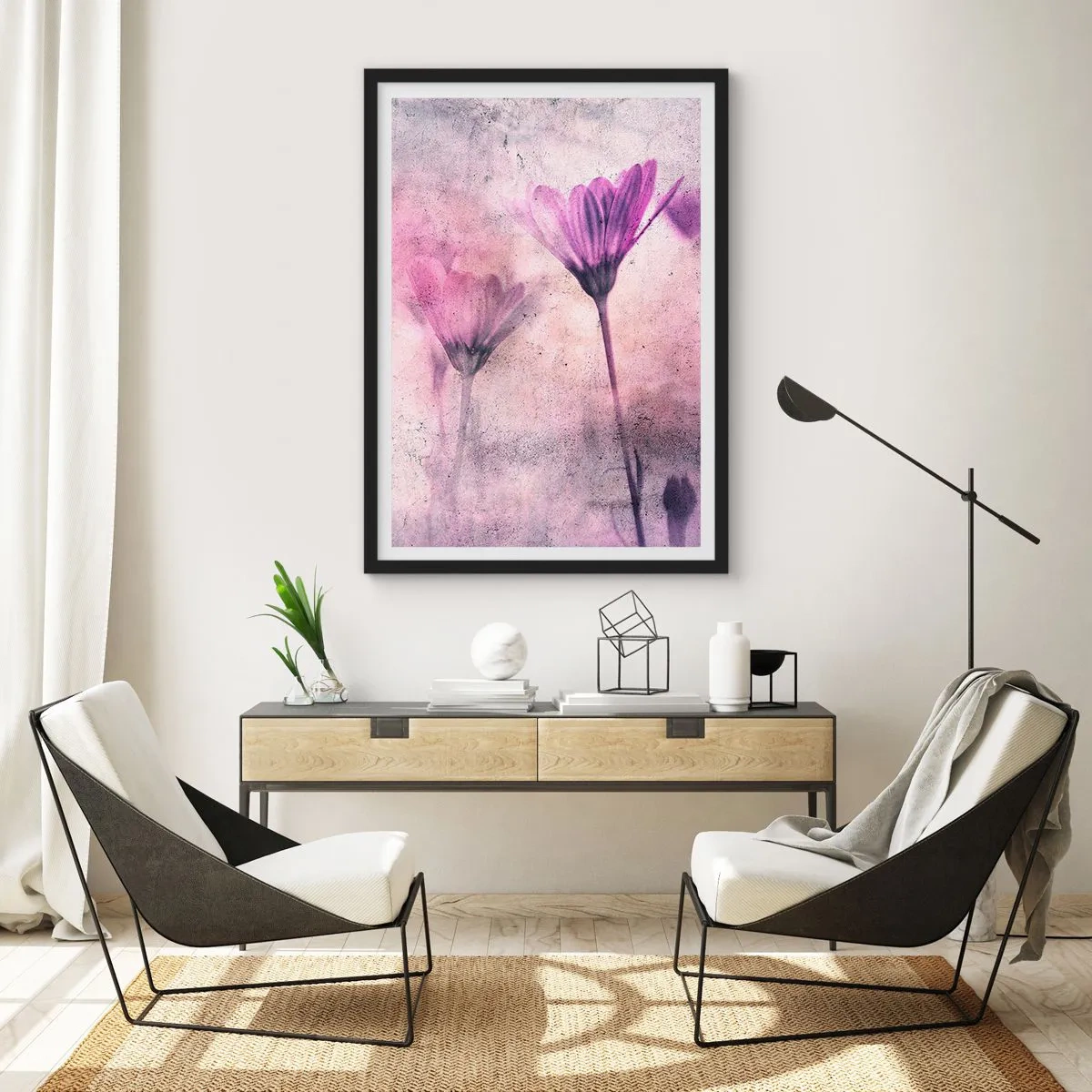 Poster in black frame - Delicate flowers in shades of pink and purple on a light background - 50x70cm - Dream of Flowers - Modern wall decoration for the living room and bedroom ARTTOR