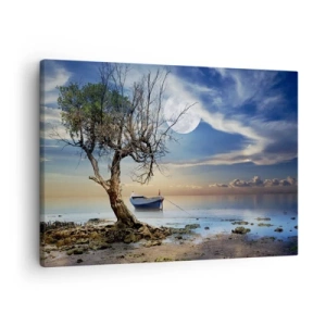 Canvas picture - A lone tree and a boat on calm water under a full moon. - 70x50cm - Is this the Beginning or the End? - Modern wall decoration for the living room and bedroom ARTTOR