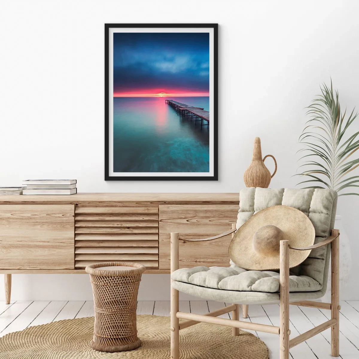 Poster in black frame - jetty extending into a calm sea at sunset - 50x70cm - Between Heaven and Earth - Modern wall decoration for the living room and bedroom ARTTOR
