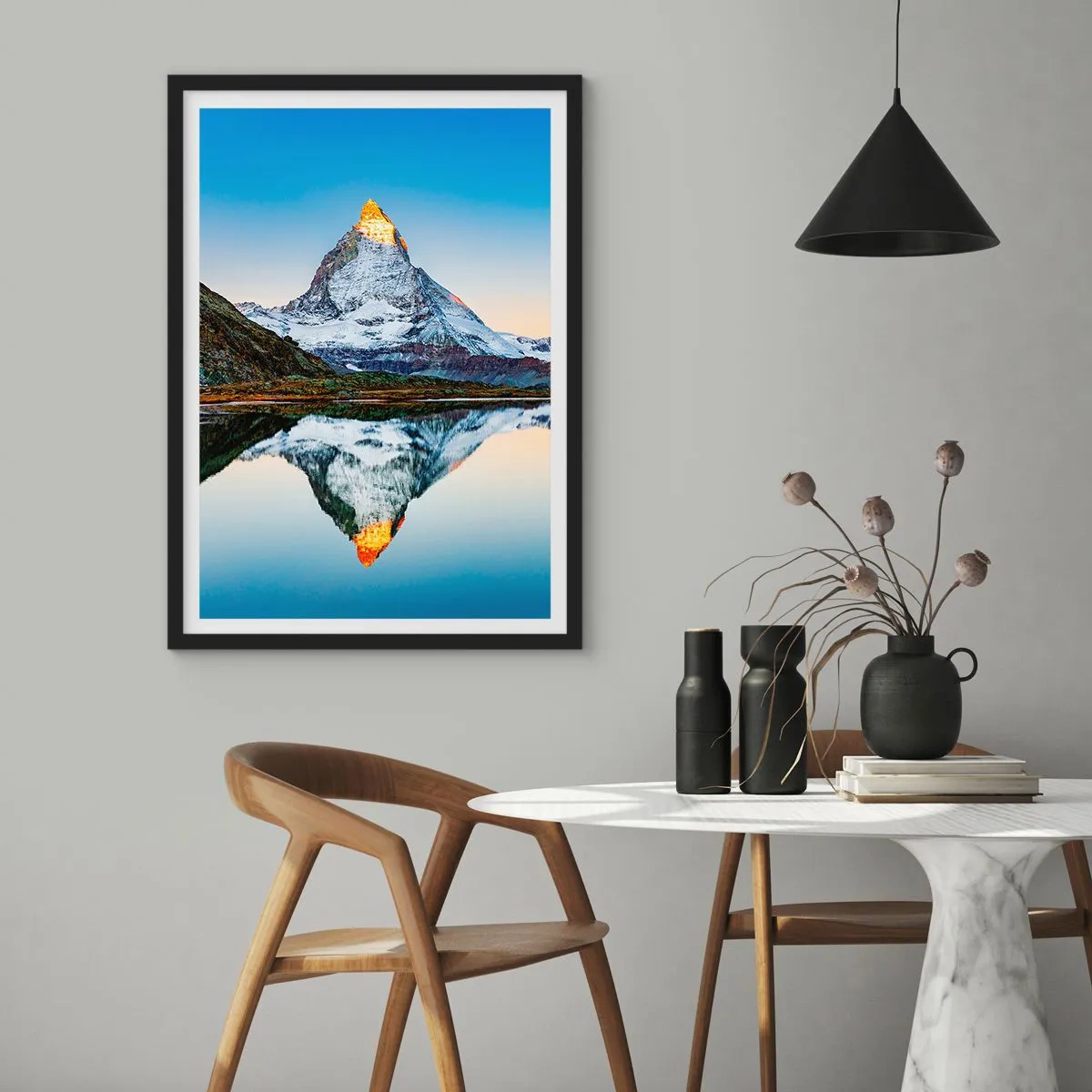 Poster in black frame - A mountain with a snow-capped peak reflected in a lake - 50x70cm - Two Worlds - Modern wall decoration for the living room and bedroom ARTTOR