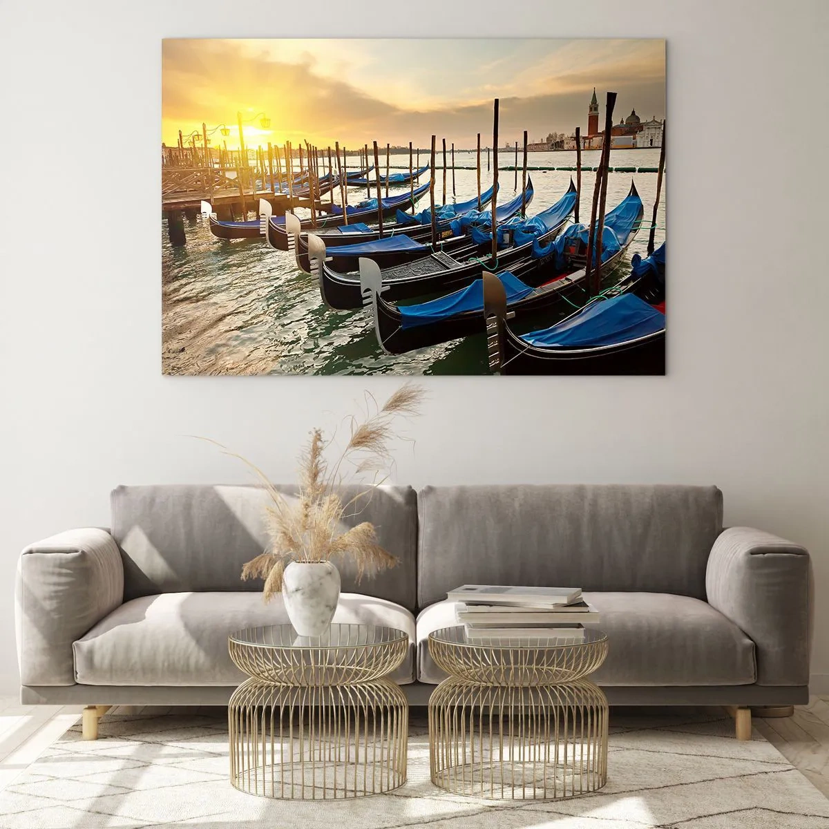 Glass picture - Gondolas in Venice at sunset - 70x50cm - Before Hustle and Bustle - Modern wall decoration for the living room and bedroom ARTTOR