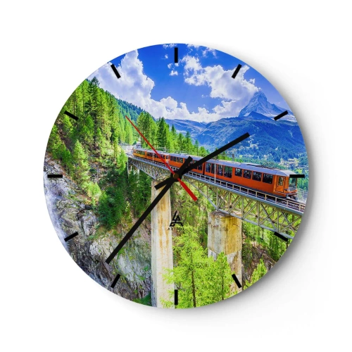Wall clock - Clock on glass - red train crossing a bridge in an alpine landscape - 30x30cm - Train Through the Alps - Modern wall decoration for the living room, kitchen, and bedroom ARTTOR