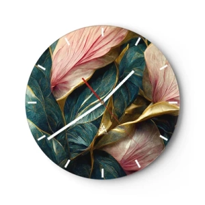 Wall clock - Clock on glass - Leaves in shades of green, gold and pink in an elegant form - 30x30cm - Natural Elegance and Style - Modern wall decoration for the living room, kitchen, and bedroom ARTTOR