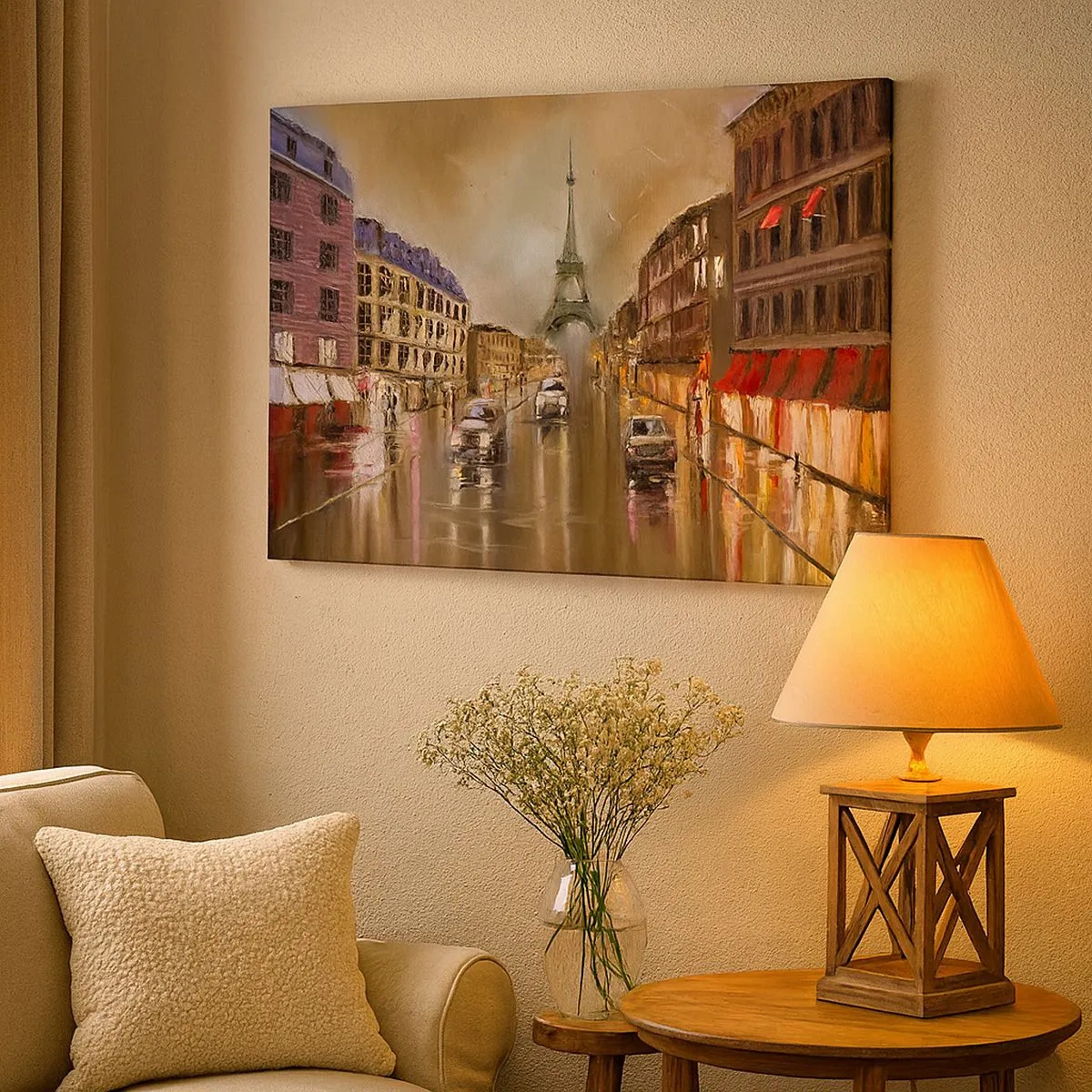 Canvas picture - Evening streetscape of Paris with a view of the Eiffel Tower - 70x50cm - Only She Counts - Modern wall decoration for the living room and bedroom ARTTOR