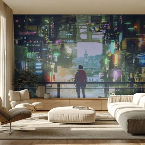Photo Wallpaper Standard Eco - A figure in a red jacket against the background of a futuristic city - 100x70cm - Two Worlds - Modern wall decoration for the living room and bedroom ARTTOR