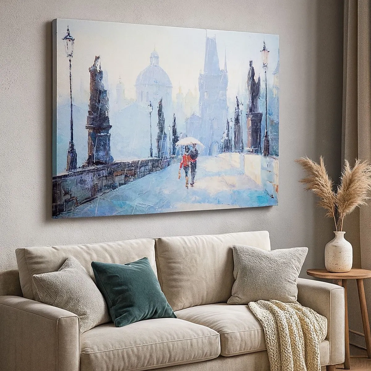 Canvas picture - Romantic couple on a bridge in the rain, a painterly scene - 70x50cm - Rain Enchanted Us - Modern wall decoration for the living room and bedroom ARTTOR