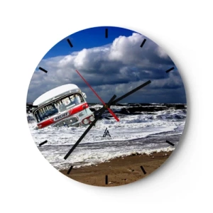 Wall clock - Clock on glass - retro bus against the backdrop of a stormy sea - 30x30cm - Why Are You Surprised? - Modern wall decoration for the living room, kitchen, and bedroom ARTTOR