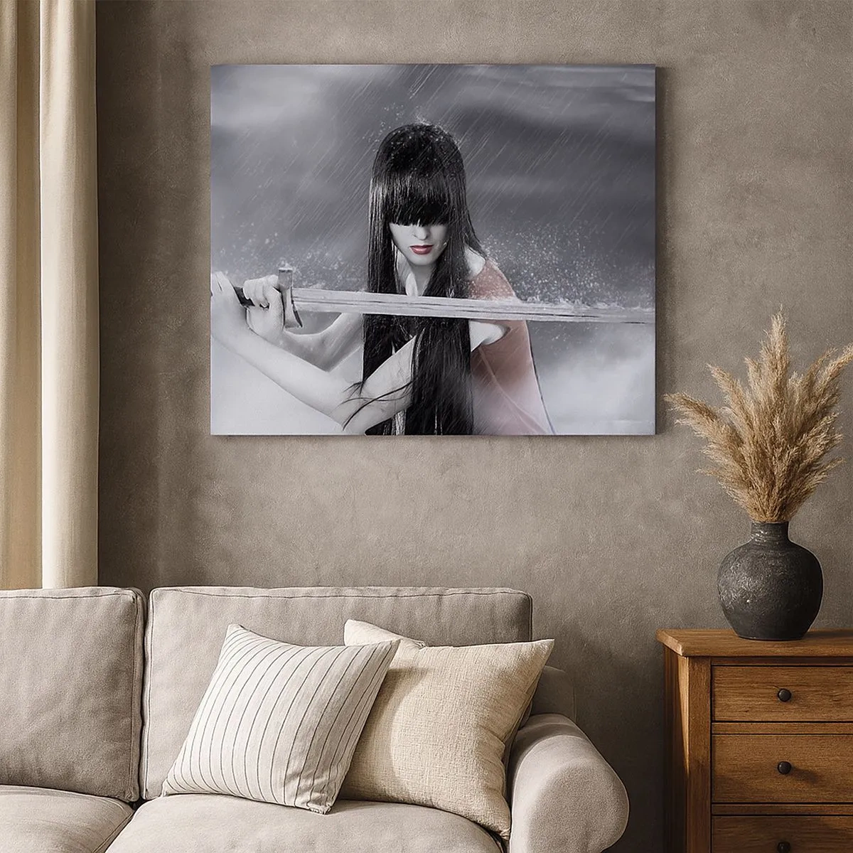 Canvas picture - A woman with a sword in the rain with a dynamic and mysterious appearance - 70x50cm - Beautiful and Dangerous - Modern wall decoration for the living room and bedroom ARTTOR