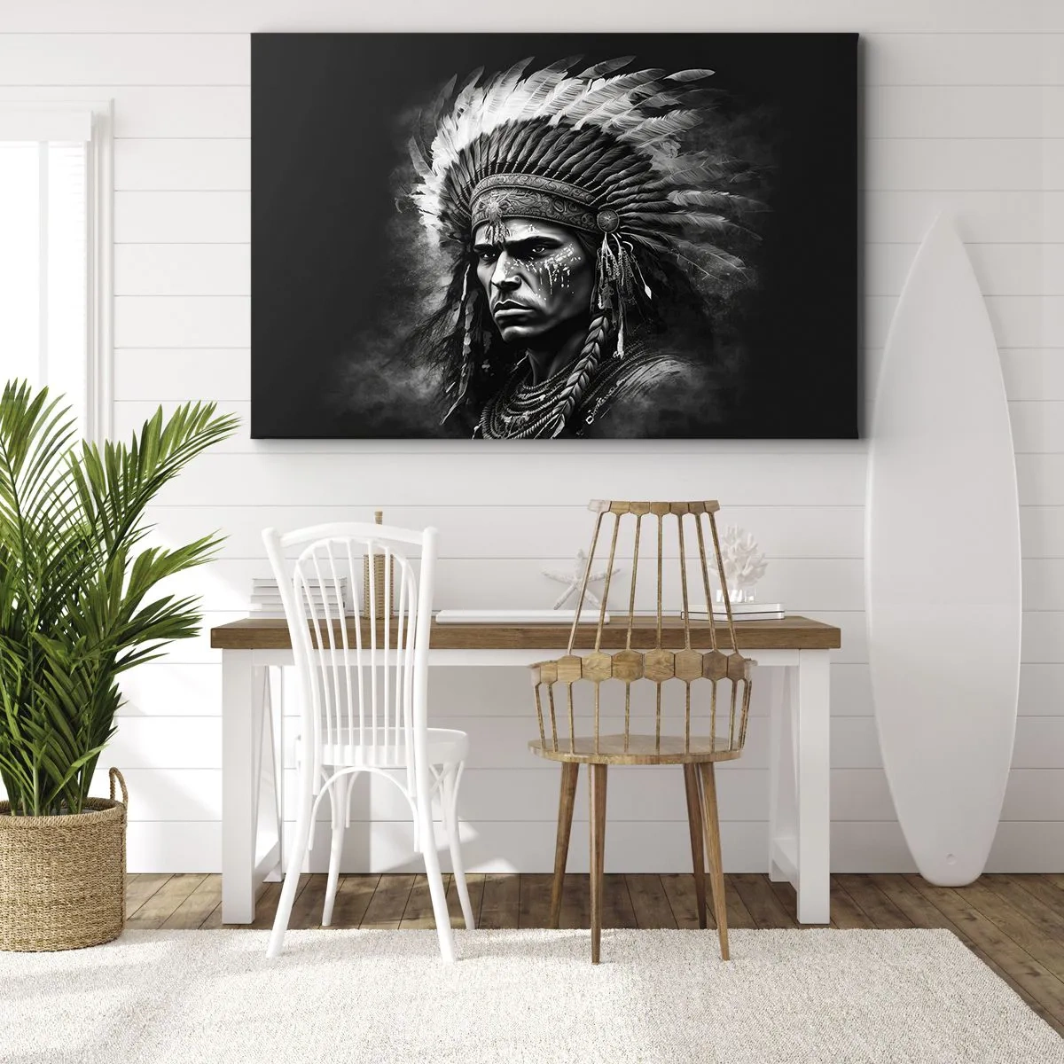 Canvas picture - Portrait of a chief in a feathered headdress against a black background - 70x50cm - Chief and Warrior - Modern wall decoration for the living room and bedroom ARTTOR