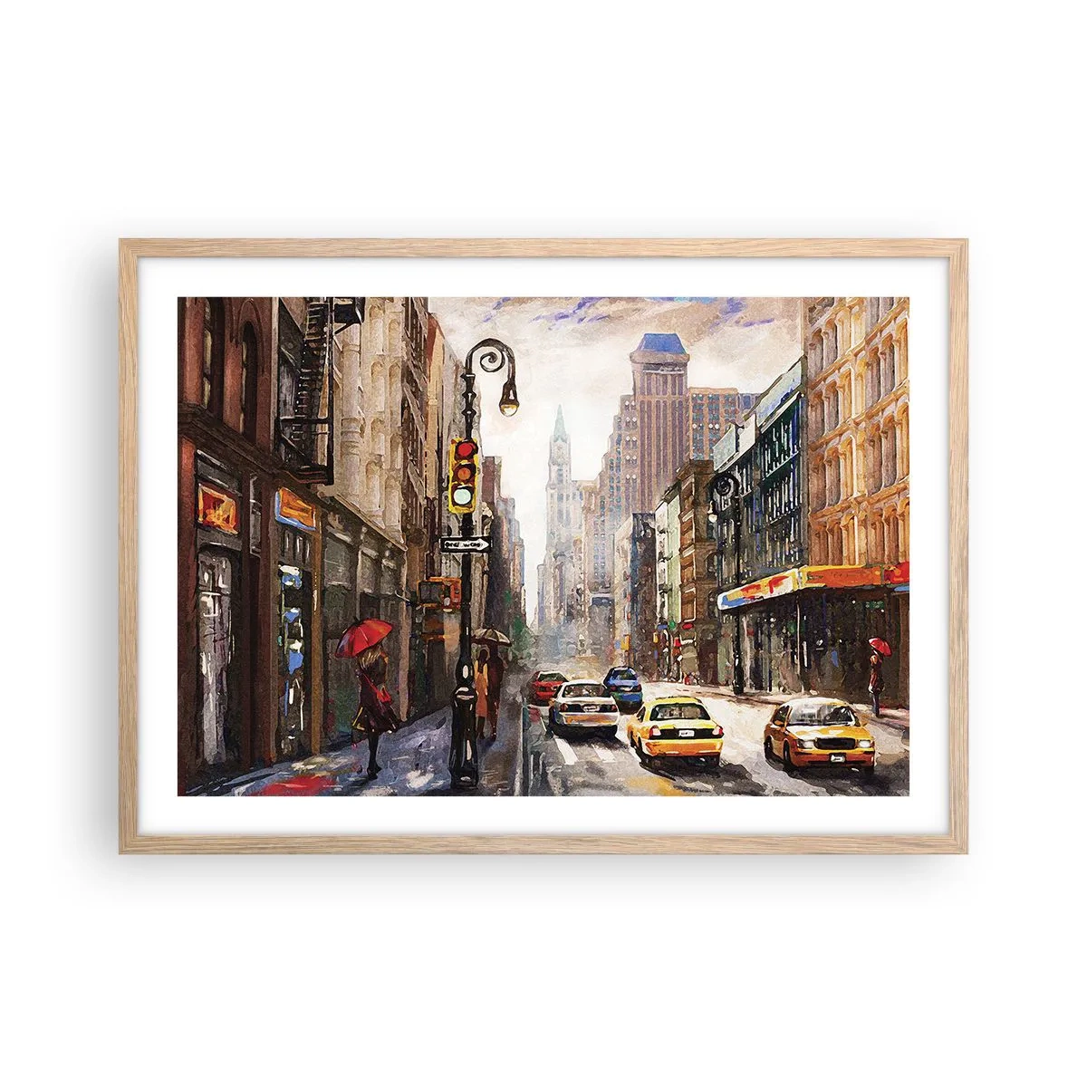 Poster in light oak frame - New York - Colourful in Rain - 70x50 cm