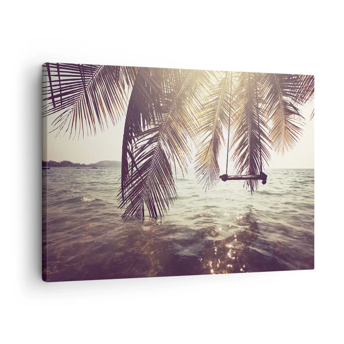Canvas picture - Palm tree with a swing over the water in the sunlight - 70x50cm - You Can Dream as Much as You Wish - Modern wall decoration for the living room and bedroom ARTTOR