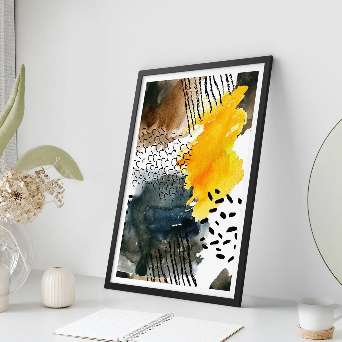 Poster in black frame - Abstract composition in shades of yellow and black - 50x70cm - Meeting of Elements - Modern wall decoration for the living room and bedroom ARTTOR