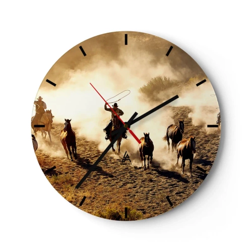 Wall clock - Clock on glass - Cowboys on horseback in action against a dusty background - 30x30cm - Really Wild West - Modern wall decoration for the living room, kitchen, and bedroom ARTTOR
