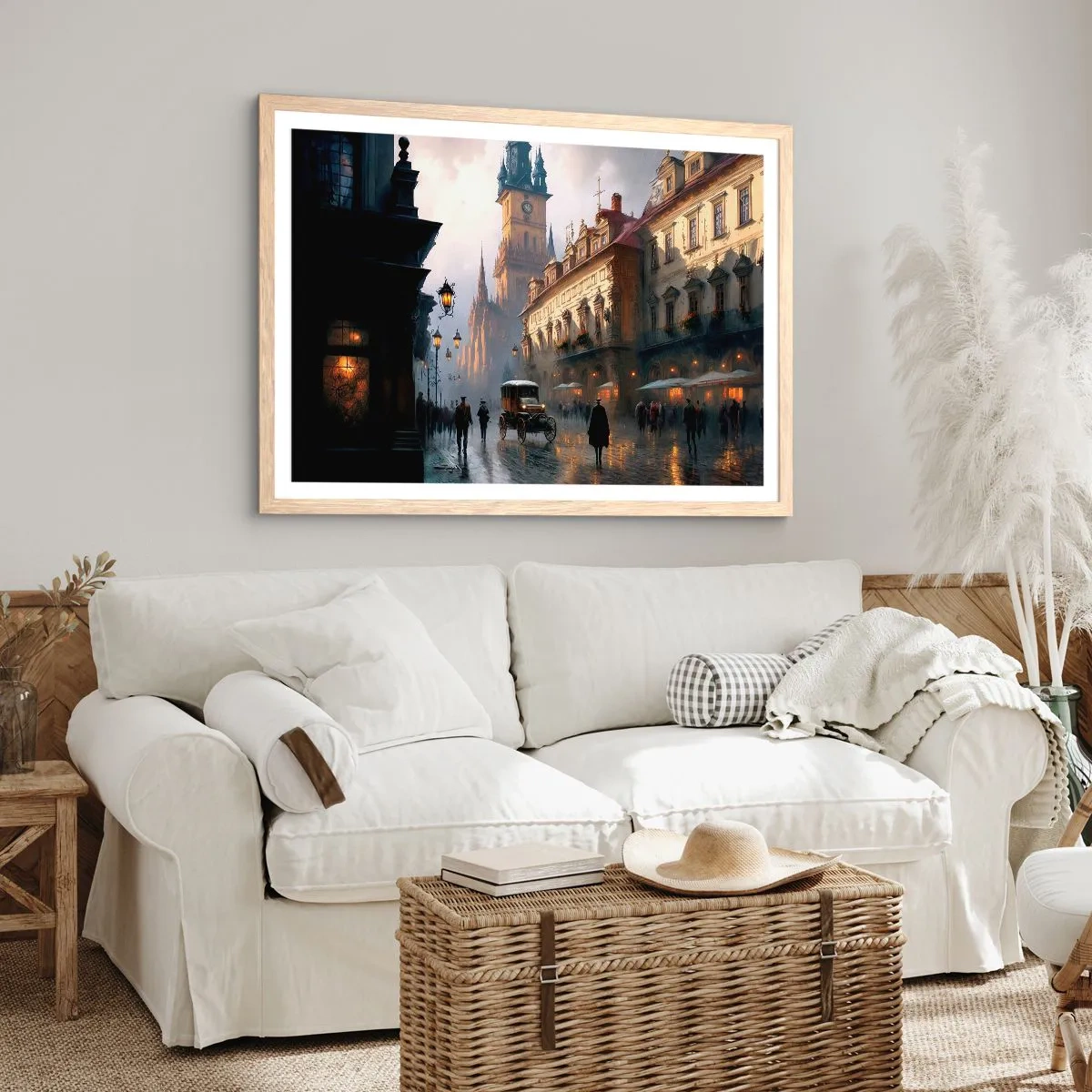 Poster in light oak frame - Charm of Evening in Prague - 91x61 cm