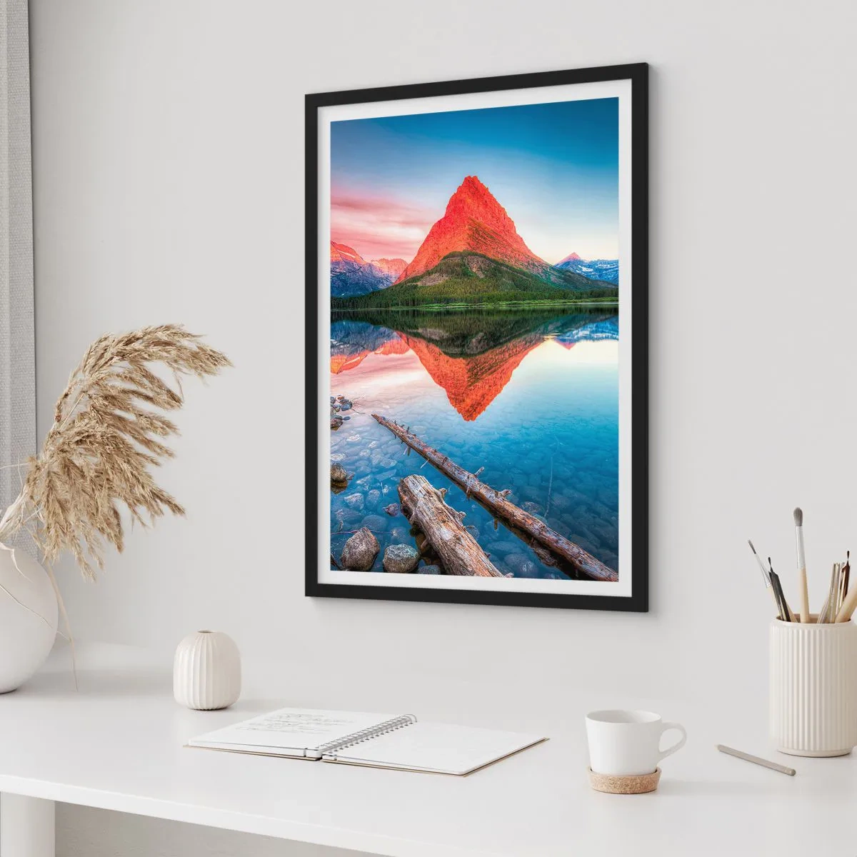 Poster in black frame - A mountain reflected in a calm lake - 50x70cm - Heat and Cold - Modern wall decoration for the living room and bedroom ARTTOR