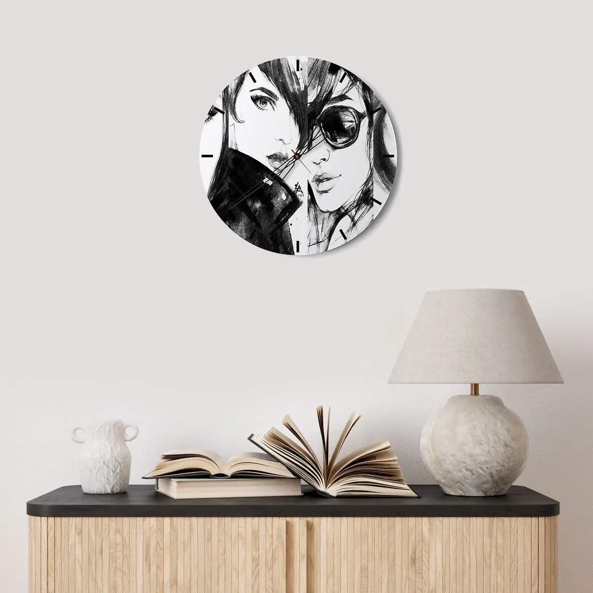 Wall clock - Clock on glass - Two female silhouettes in a sketchy style - 30x30cm - Beauty Multiplied - Modern wall decoration for the living room, kitchen, and bedroom ARTTOR