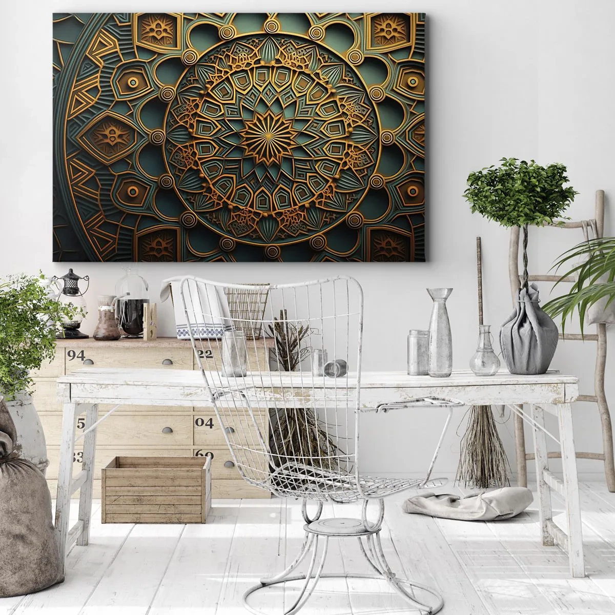 Canvas picture - A gold mandala on a turquoise background with rich details. - 70x50cm - In Arabic Style - Modern wall decoration for the living room and bedroom ARTTOR
