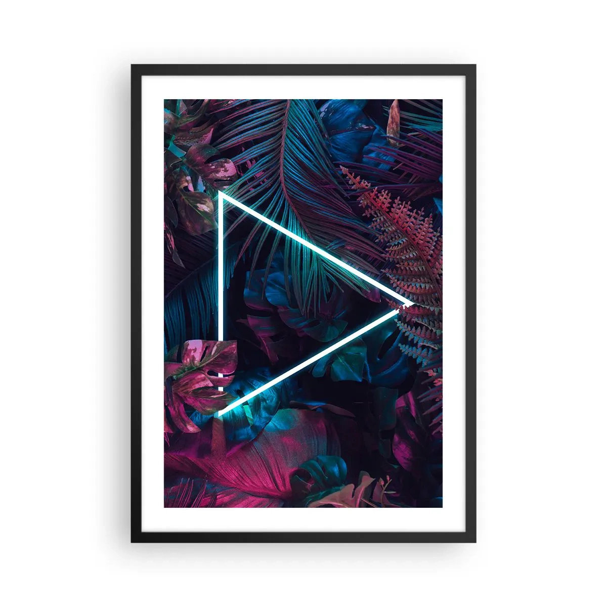 Poster in black frame - A neon triangle against a background of dark tropical vegetation. - 50x70cm - Disco Style Garden - Modern wall decoration for the living room and bedroom ARTTOR