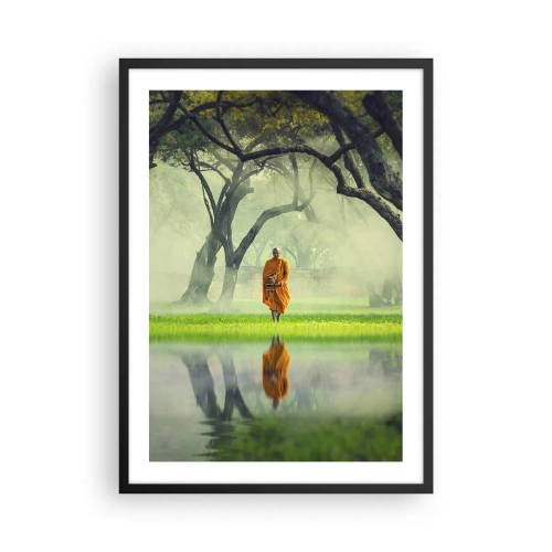 Poster in black frame - A monk in an orange robe surrounded by trees and reflections in the water - 50x70cm - On the Way to Enlightenment - Modern wall decoration for the living room and bedroom ARTTOR