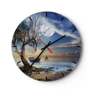 Wall clock - Clock on glass - A boat by the shore with the moon in the background - 30x30cm - Is this the Beginning or the End? - Modern wall decoration for the living room, kitchen, and bedroom ARTTOR