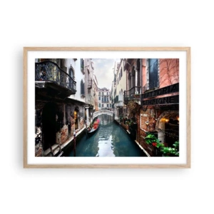 Poster in light oak frame - Venetian View with a Gondola and a Bridge - 70x50 cm