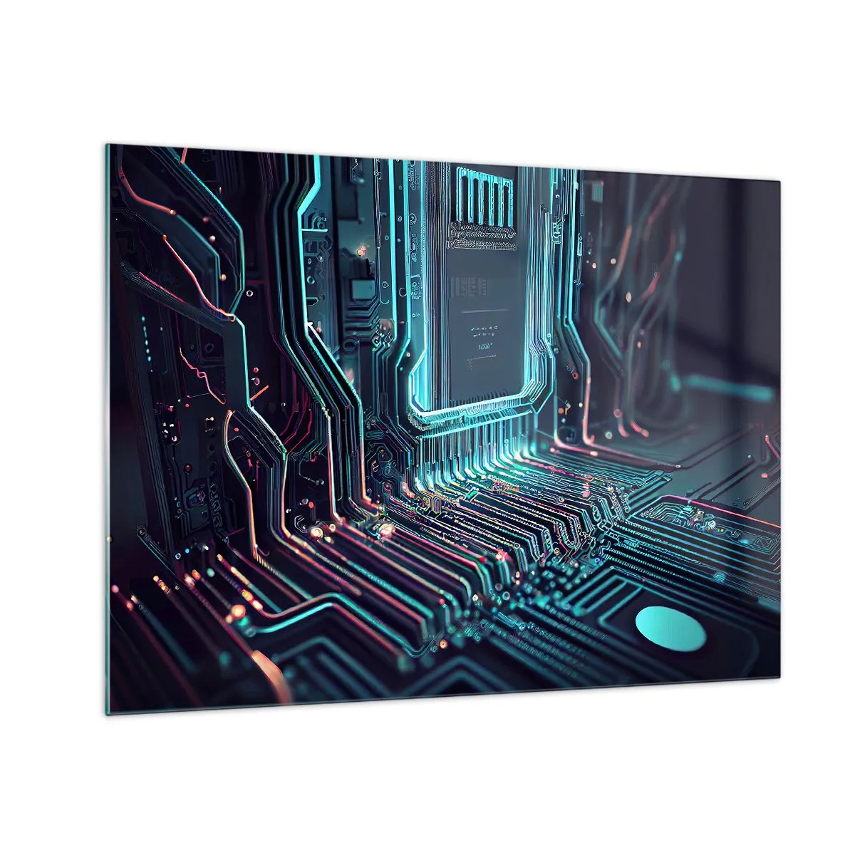 Glass picture - Neon visualization of processor traces on a black background - 70x50cm - I Was Just Thinking… - Modern wall decoration for the living room and bedroom ARTTOR
